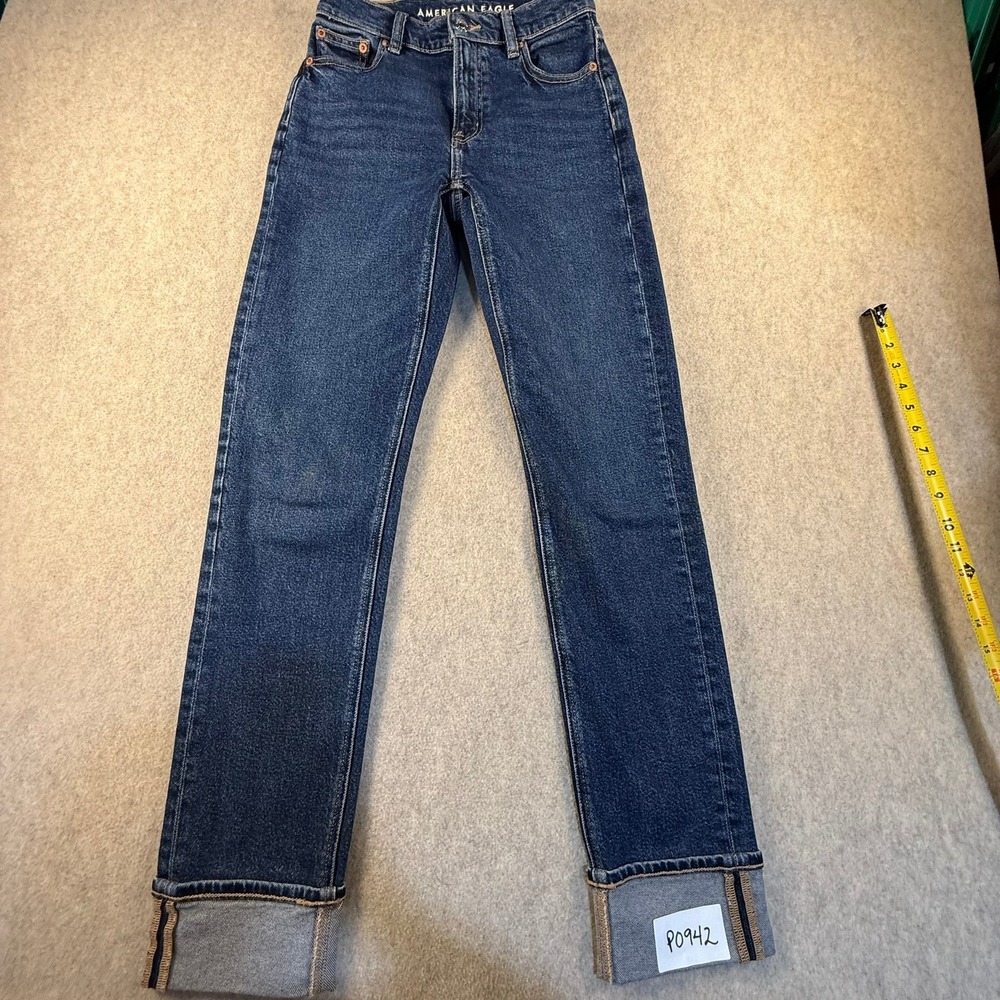 American Eagle Dark Wash High Waisted Straight Leg Cuffed Jeans Size 00